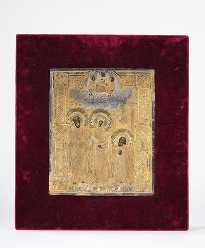 Icona russa, Mosca, 1886, tavola con riza in argento e argento dorato