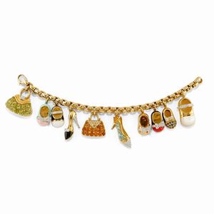 A 18K yellow gold, diamond, colored gemstone, enamel and mother-of-pearl charms bracelet