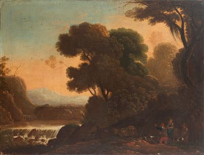 Paesaggio Boschivo con Cascata e Pastori in Primo Piano