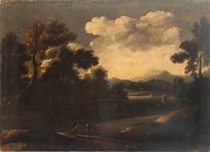 River landscape with travelers in the foreground