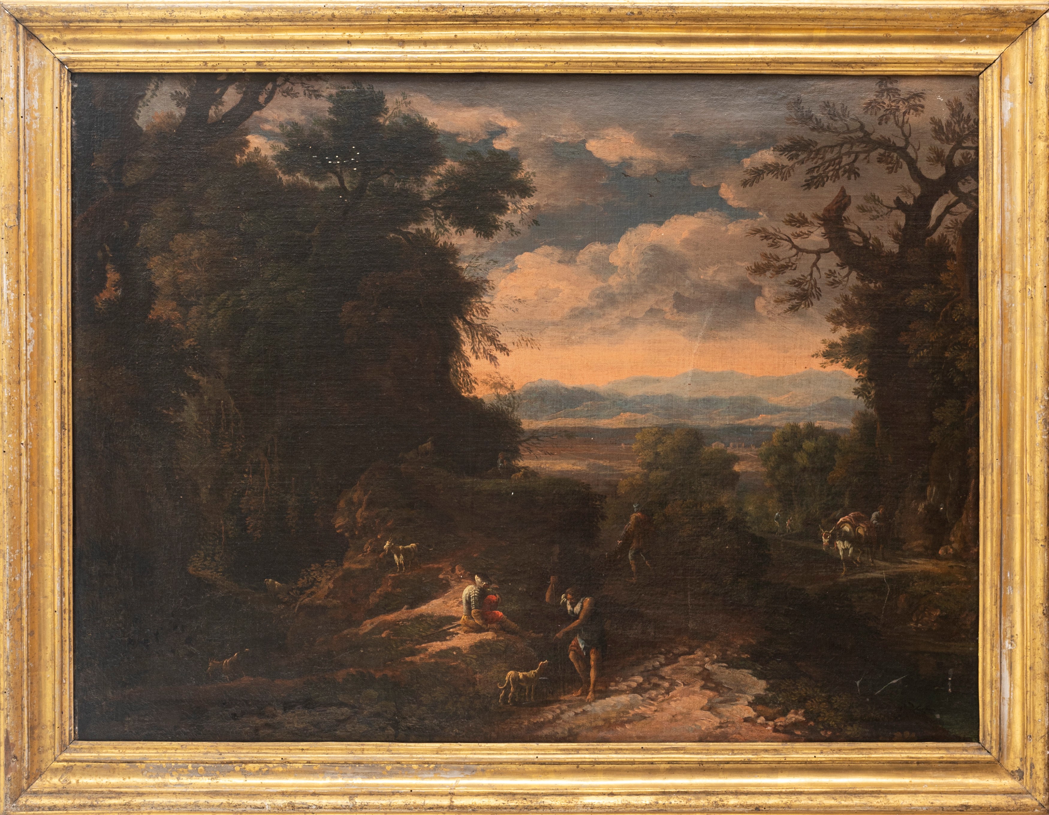 Scuola Romana, Secolo XVII - Paesaggio Boschivo con Astanti in Primo Piano