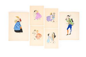 Original watercolors of regional costumes and gallant scenes