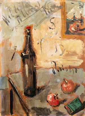 Natura morta con mele e bottiglia