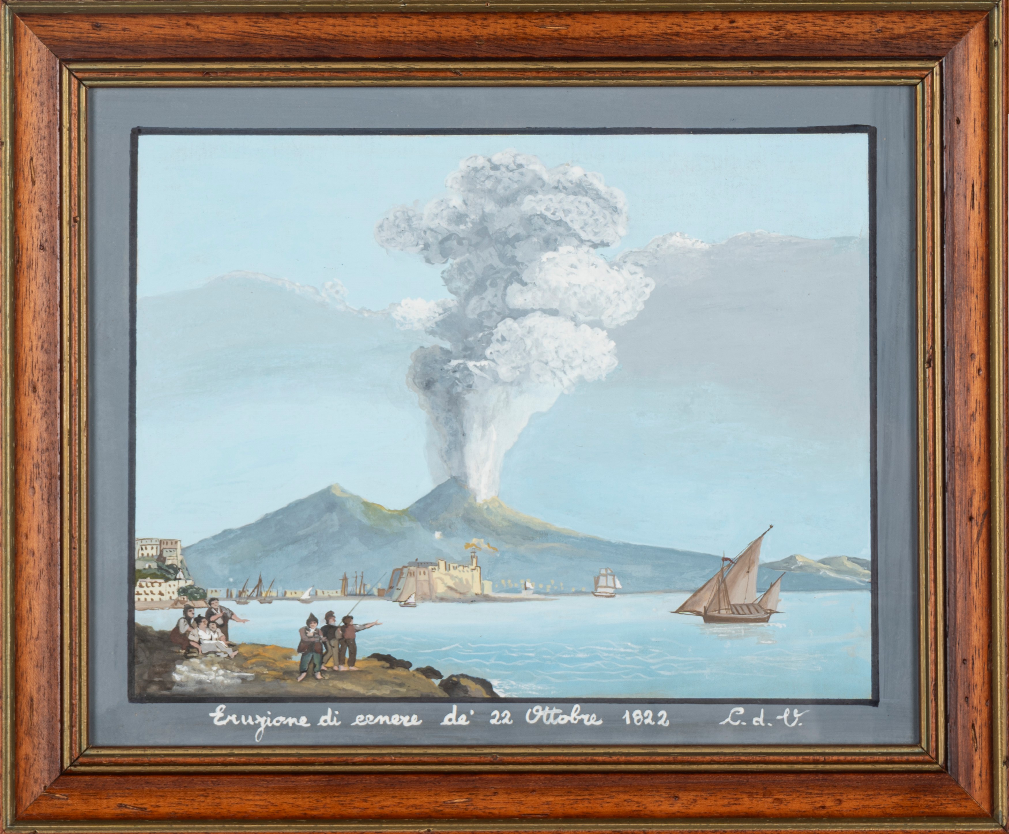 Scuola Napoletana del XX Secolo - Gouache con Eruzione del Vesuvio, Secolo XX