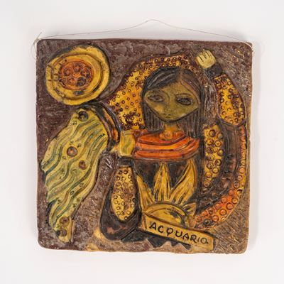 Mattonella in Ceramica Raffigurante Segno Zodiacale Dell'acquario, Secolo XX