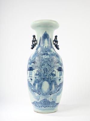 Two-handled vase with celadon bottom in white and blue porcelain