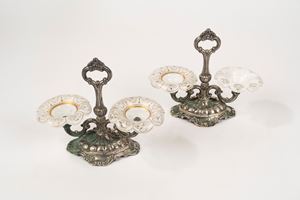 Coppia di saliere in cristallo bianco di Boemia e argento, fine secolo XIX - inizi secolo XX