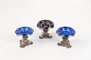 Tre saliere in cristallo blu di Boemia e argento, Austria fine secolo XIX  - inizi secolo XX