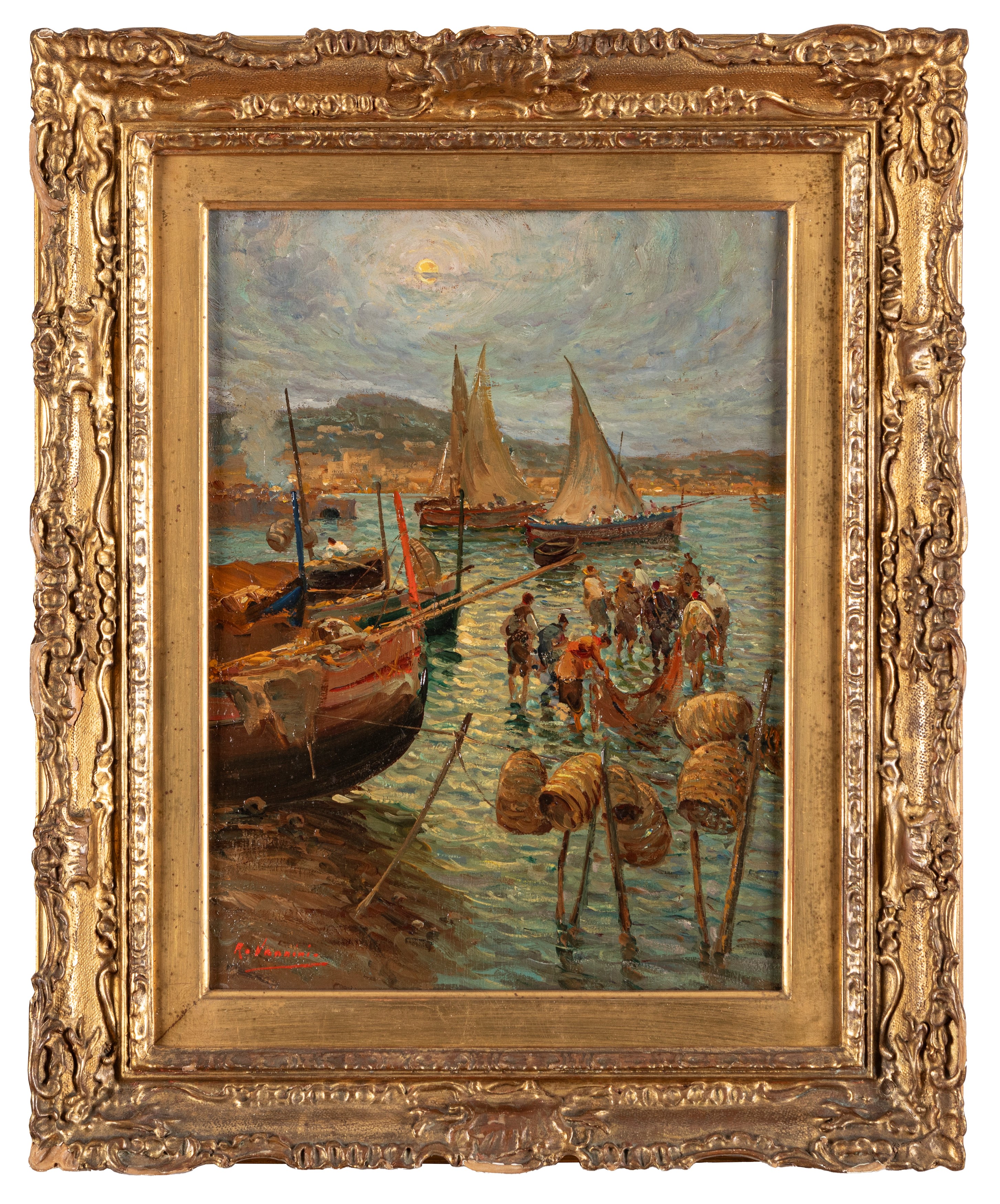 R. Vannini (attivo a Napoli Fine XIX - Inizio XX Secolo) - Pescatori al Chiaro di Luna