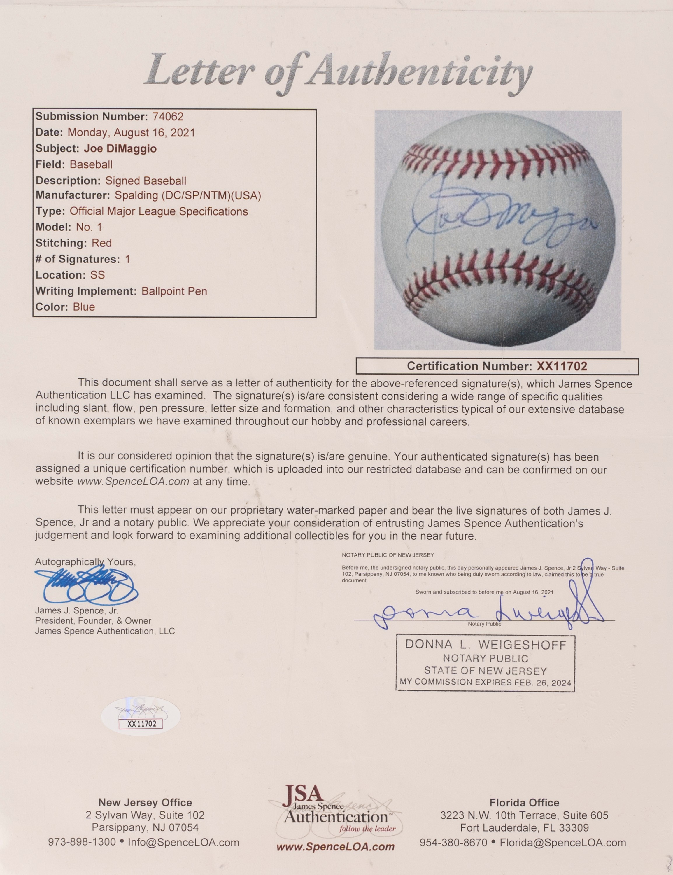 Joe DiMaggio – Palla da baseball autografata - New York Yankees - Cert. JSA