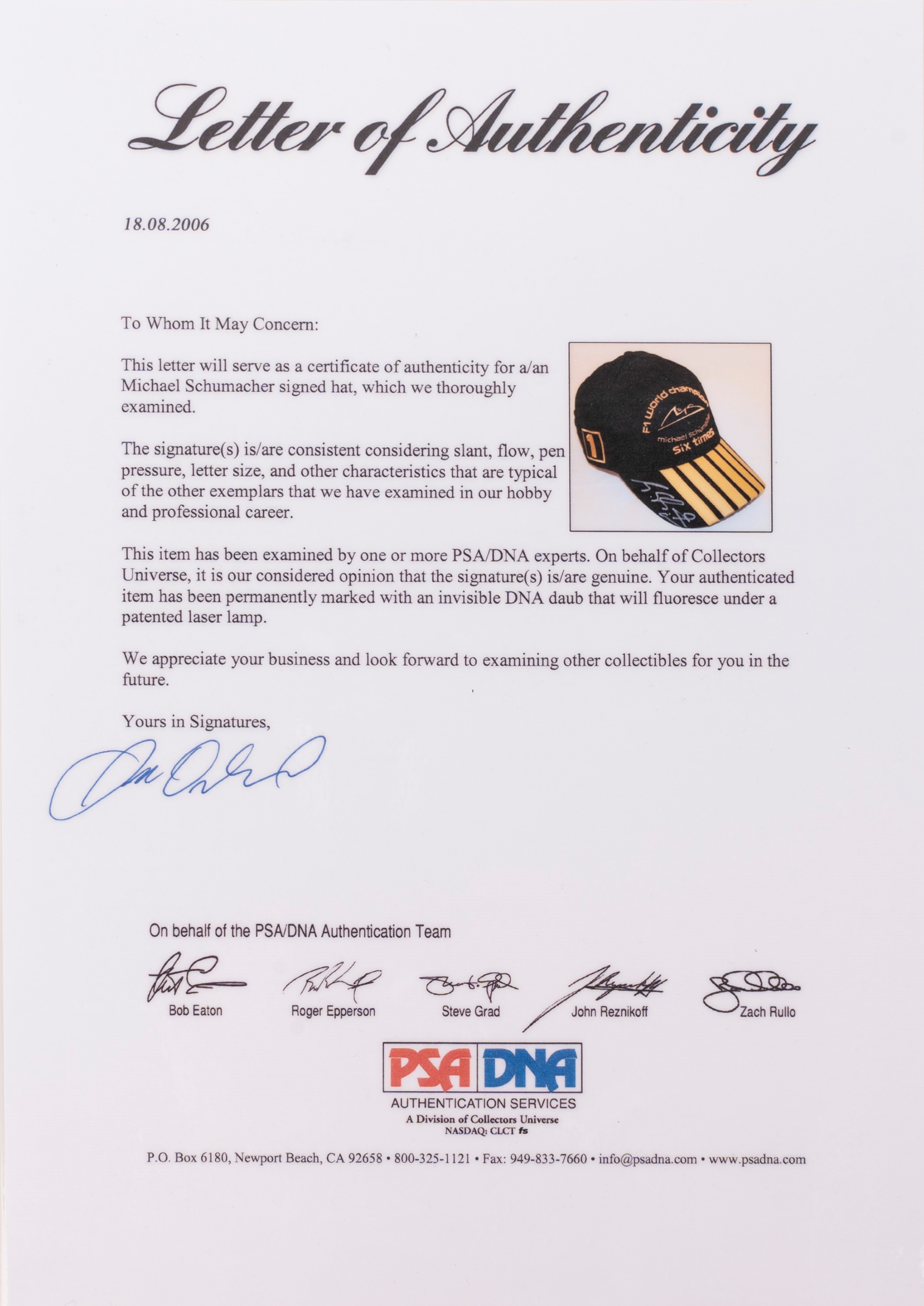 Michael Schumacher – Cappellino Formula 1 autografato - Ferrari - Cert. PSA/DNA