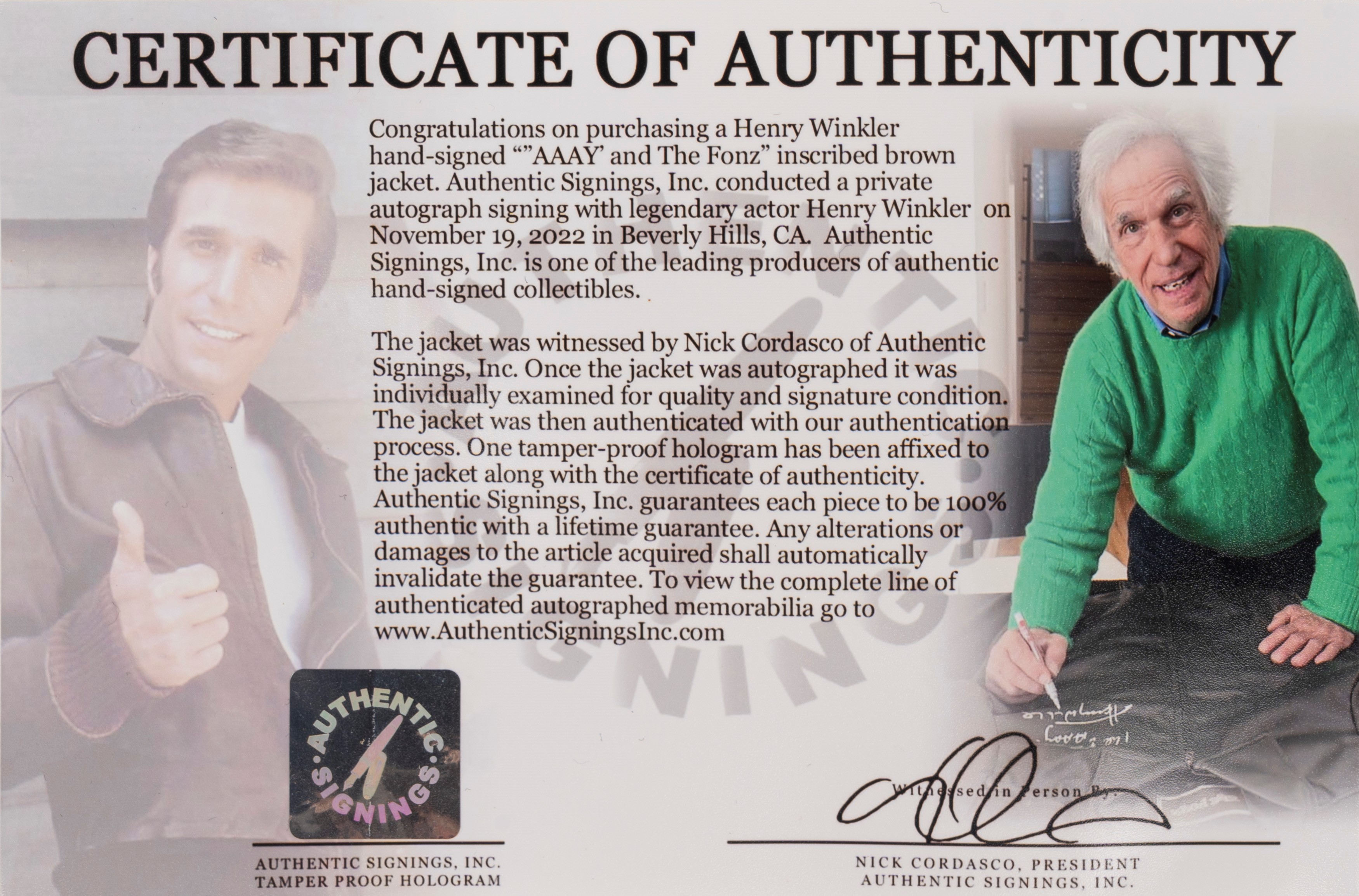Henry Winkler – Giacca Autografata – Fonzie – Happy Days – Cert. Asi
