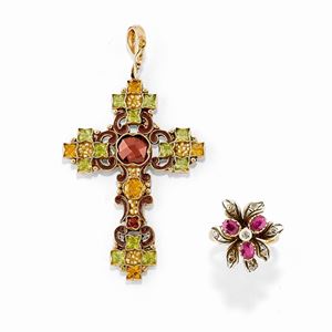 Lot of silver, 18K and 9K yellow gold, micropearl, ruby, diamond, colored gemstones jewels
