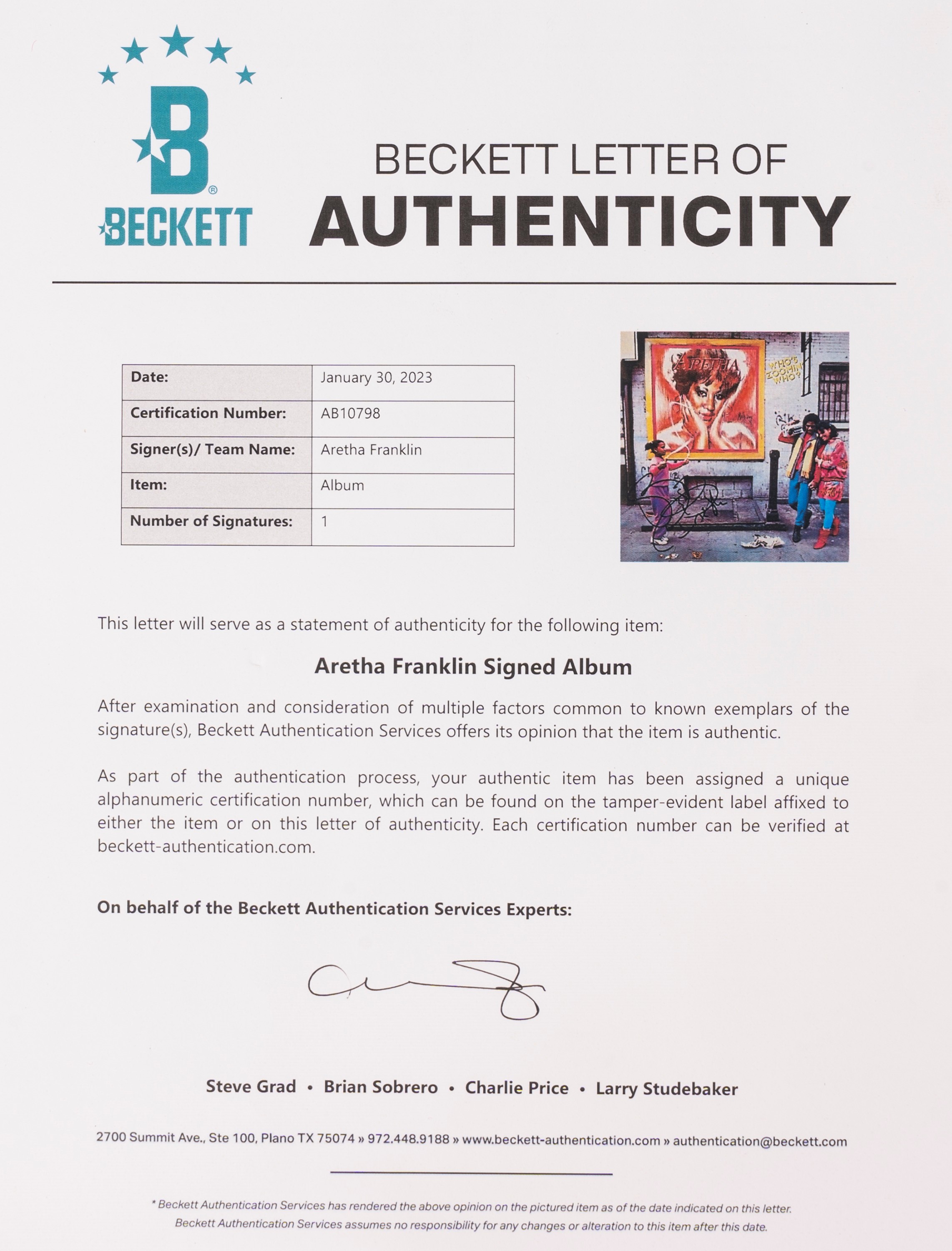 Aretha Franklin – Lp Firmato – Who's Zoomin' Who? – Cert. Beckett