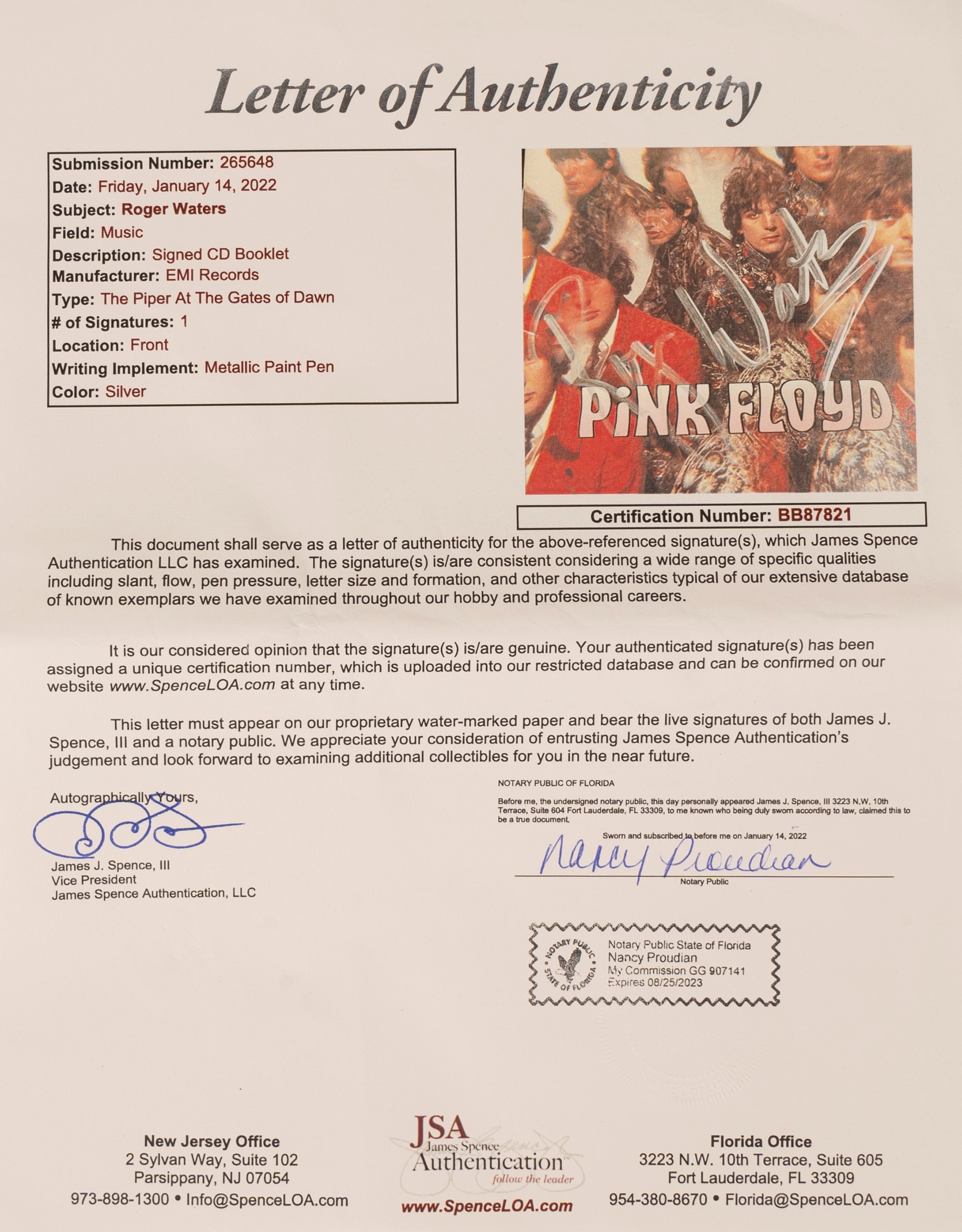 Roger Water – Pink Floyd - The Piper At The Gates Of Dawn - CD Autografato – in Cornice - Cert. J...