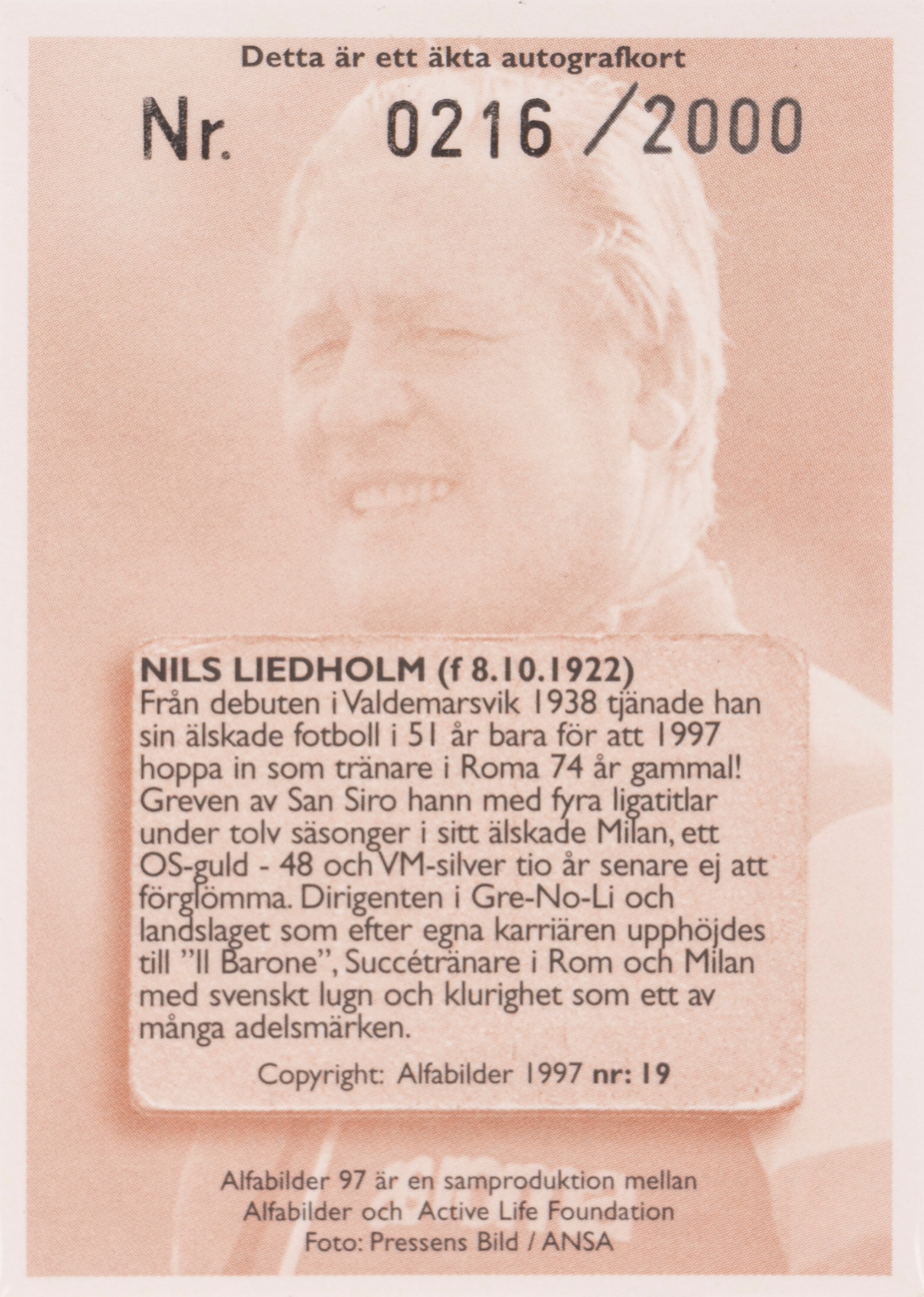 Nils Liedholm – Card autografata – Alfabilder – A tiratura limitata