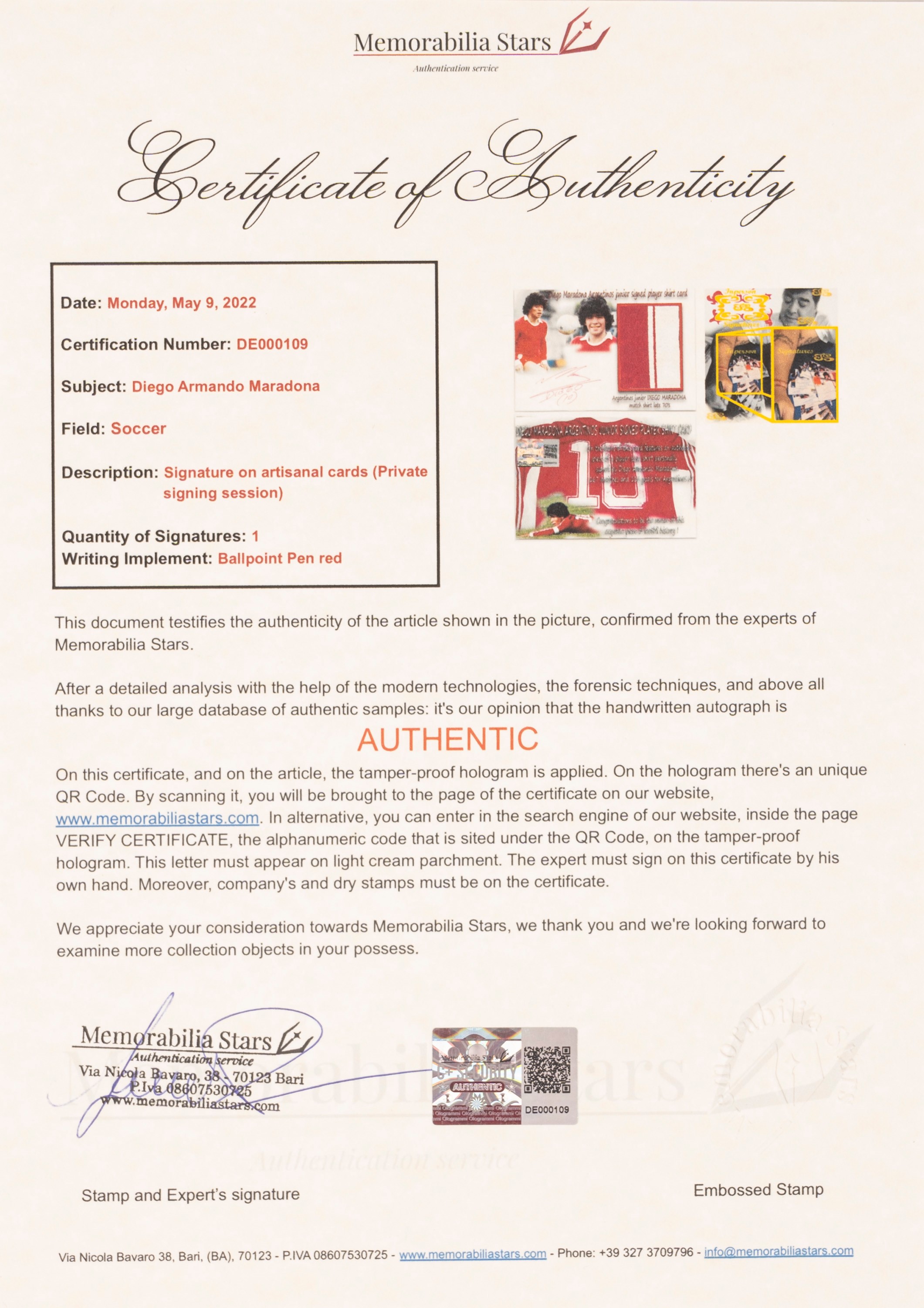 Diego Armando Maradona – Cartolina autografata – Relic – Argentinos Junior