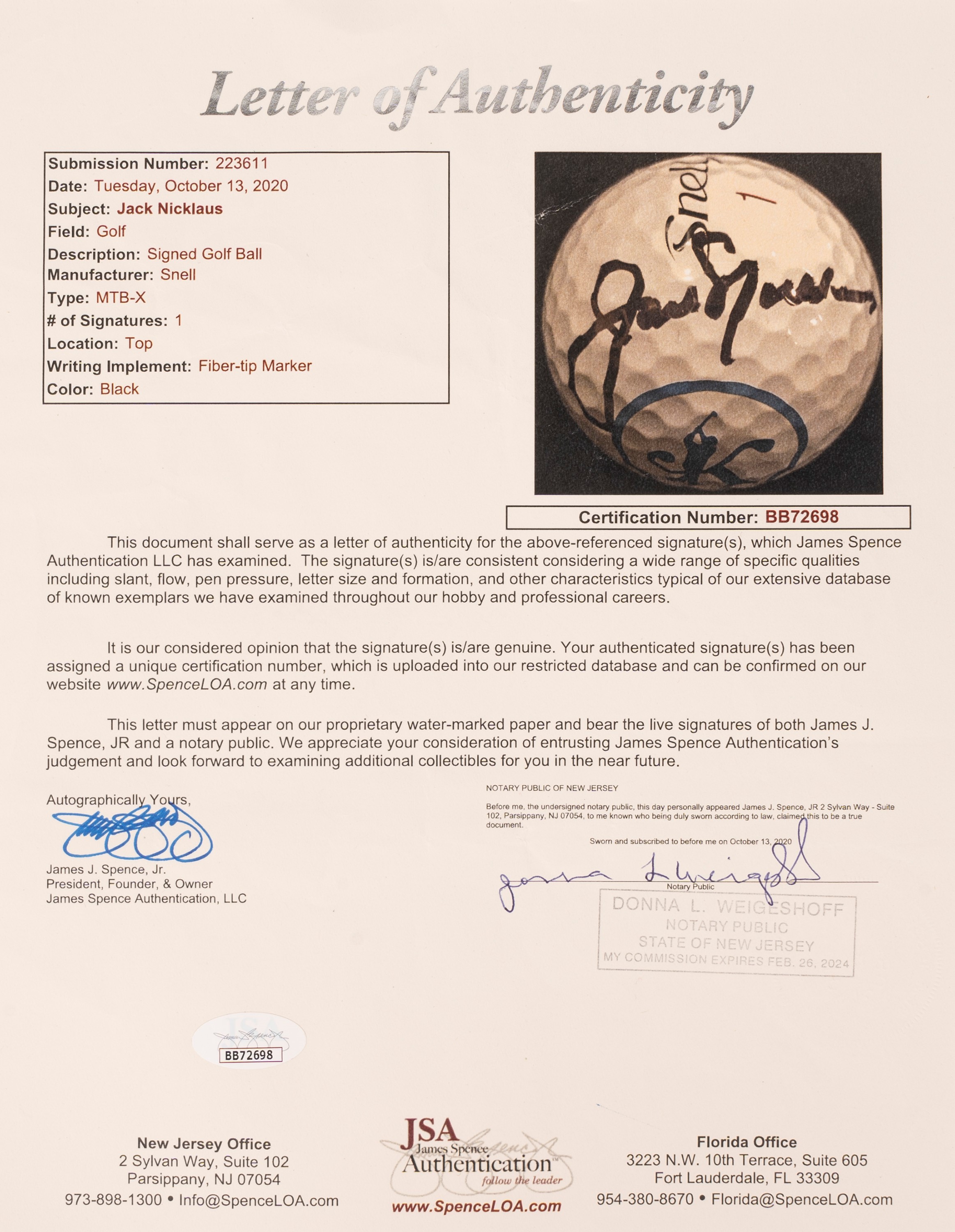 Jack Nicklaus – Pallina da golf autografata – In teca – Cert. JSA