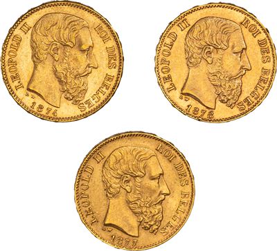 Leopold II del Belgio, Lotto di tre esemplari del 20 franchi, 1874-1878, Zecca di Bruxelles, Oro