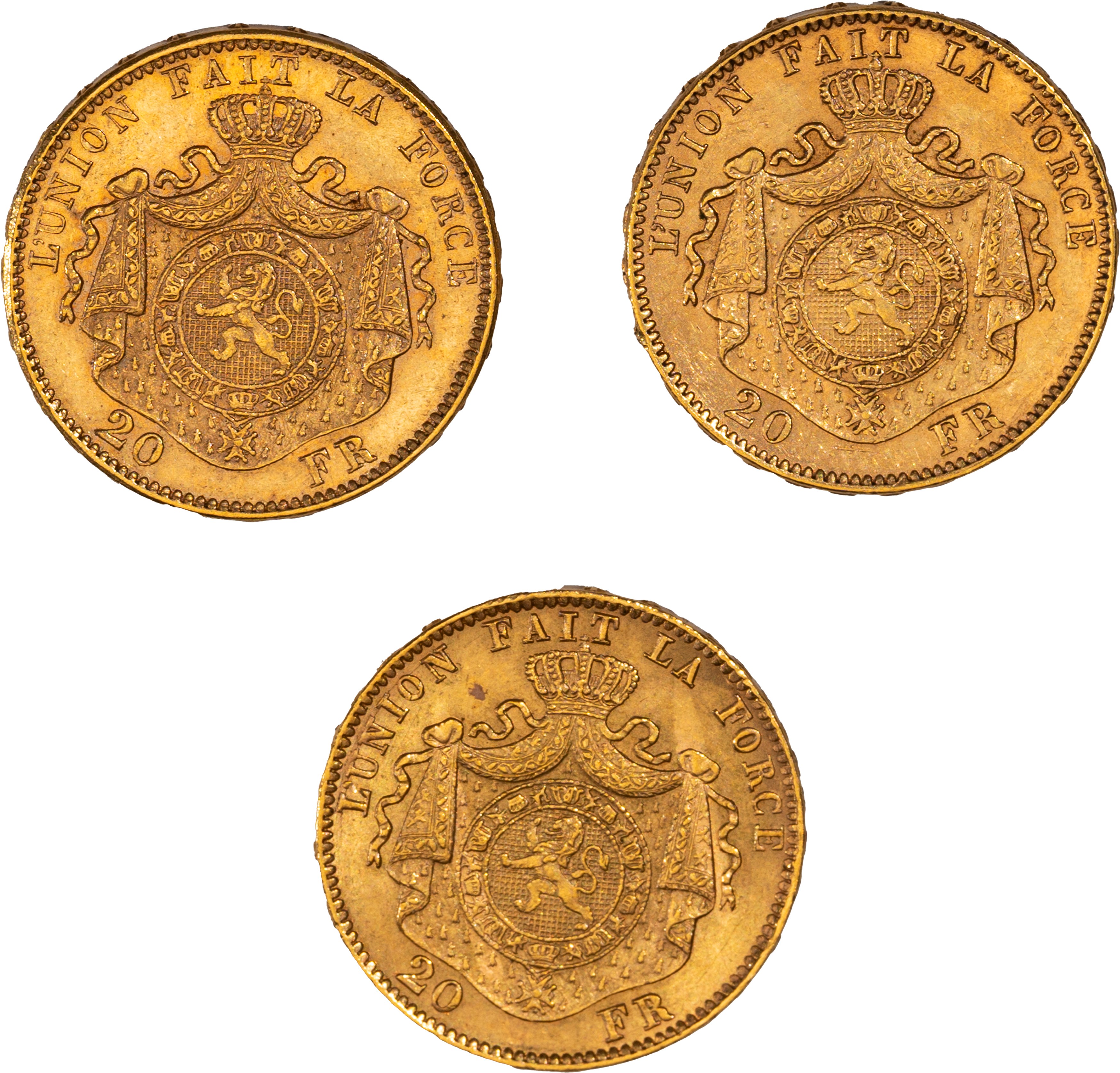 Belgio, Leopold II, 1865-1909 - Leopold II del Belgio, Lotto di tre esemplari del 20 franchi, 187...