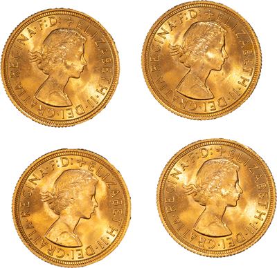 Gran Bretagna, ELIZABETH II, Lotto di quattro esemplari del Sovereign, 1963, oro