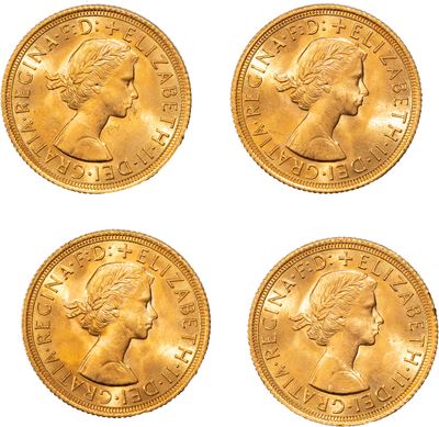 Gran Bretagna, ELIZABETH II, Lotto di quattro esemplari del Sovereign, 1963, oro, 31,96 g