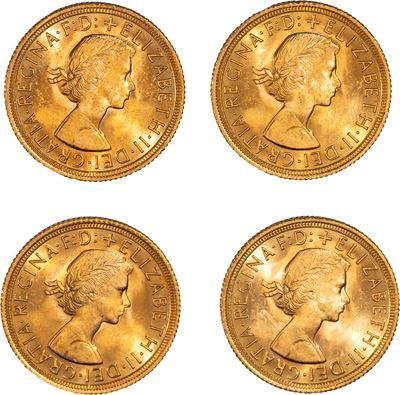 Gran Bretagna, ELIZABETH II, Lotto di quattro esemplari del Sovereign 1963