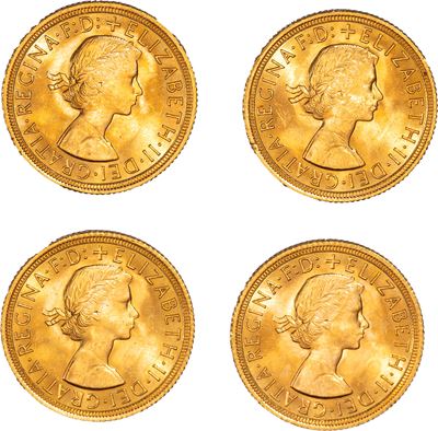 Gran Bretagna, ELIZABETH II, Lotto di quattro esemplari del Sovereign (1963, AV, gr. 31,97)