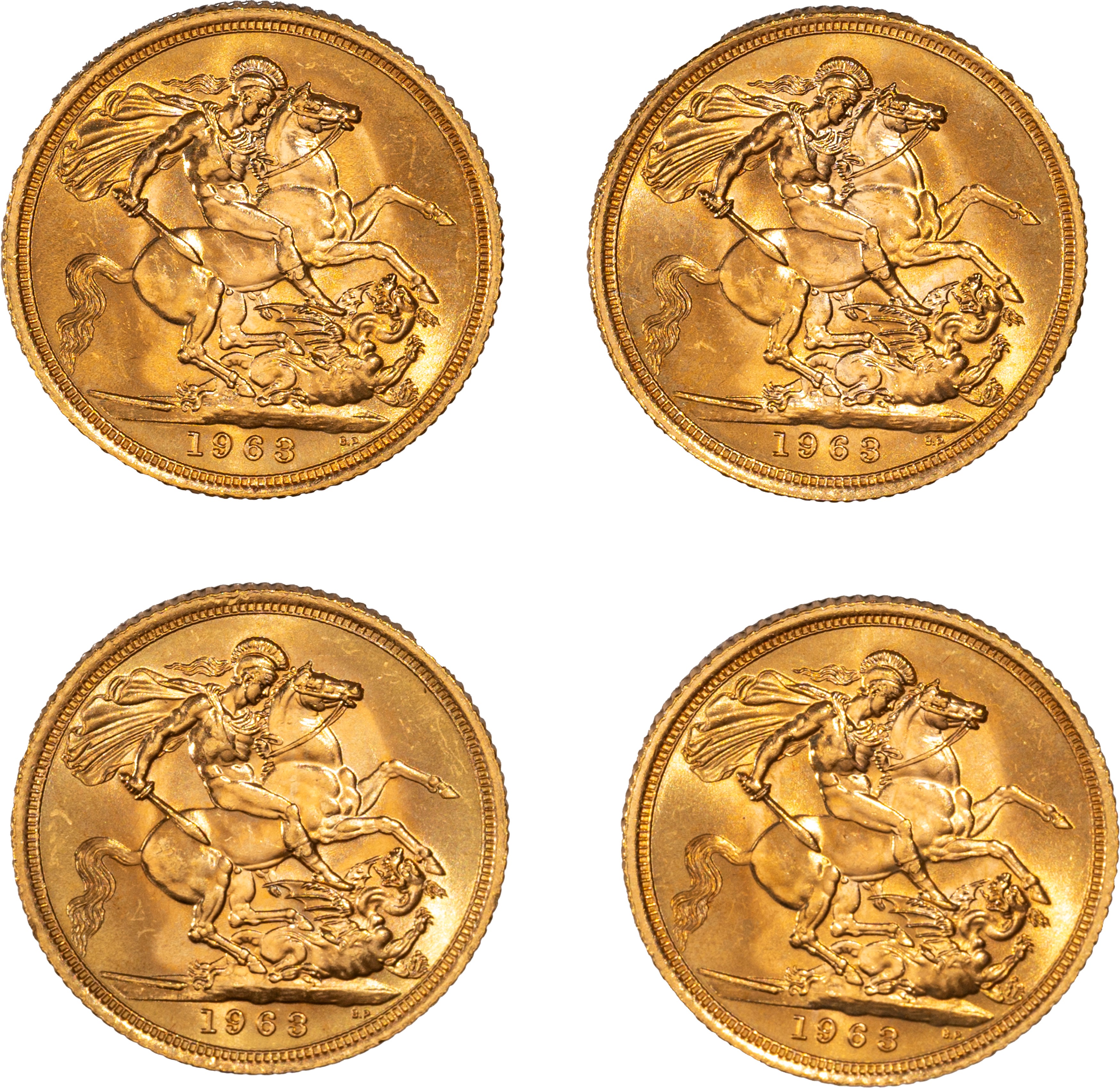 Gran Bretagna, ELIZABETH II, Lotto di quattro esemplari del Sovereign (1963, AV, gr. 31,97)