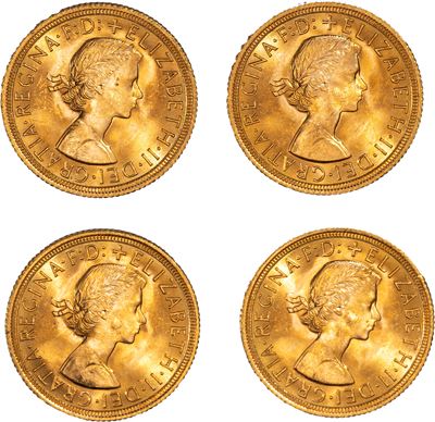 Gran Bretagna, ELIZABETH II, Lotto di quattro esemplari del Sovereign, 1963, oro, 31,99 gr