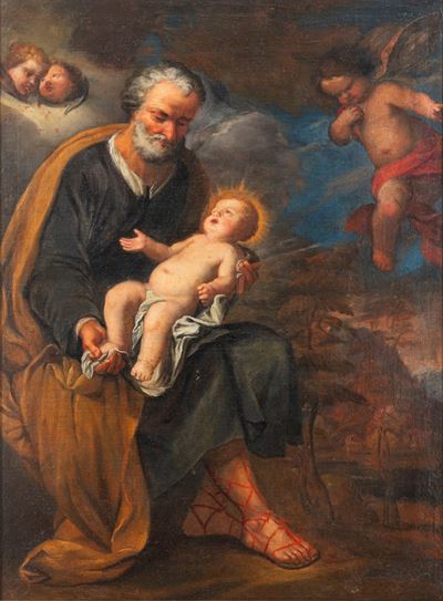 Ignoto, San Giuseppe con il Bambino e angeli, olio su tela