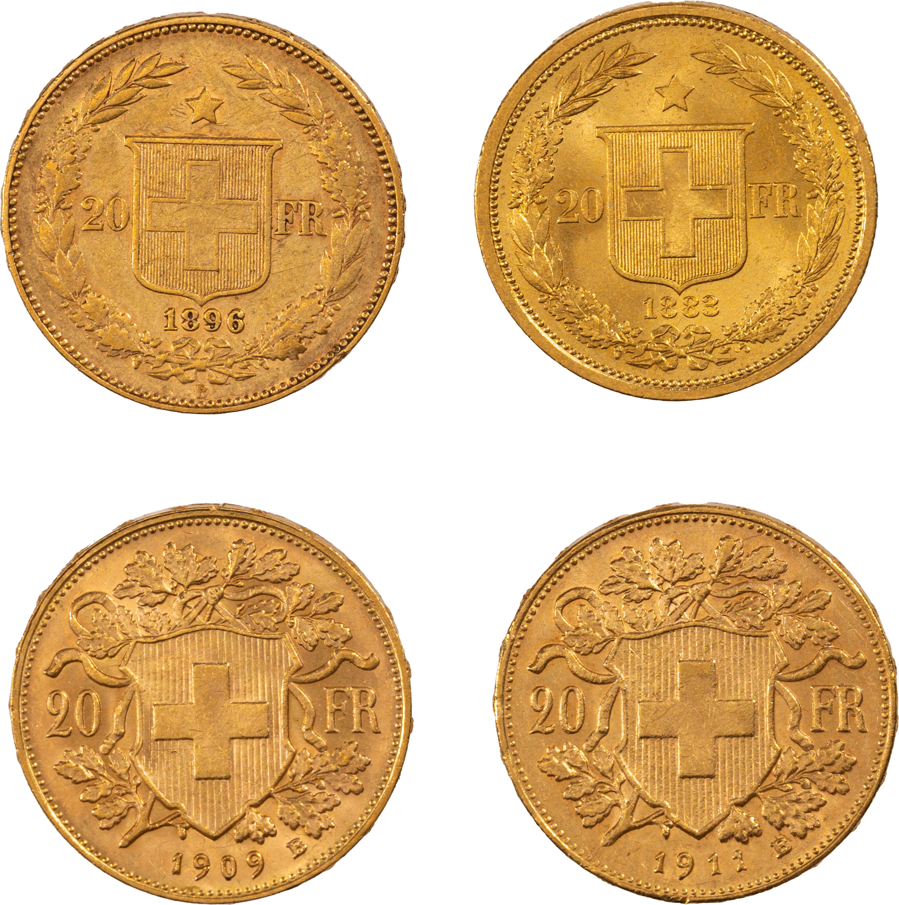 Lotto di quattro esemplari del 20 franchi