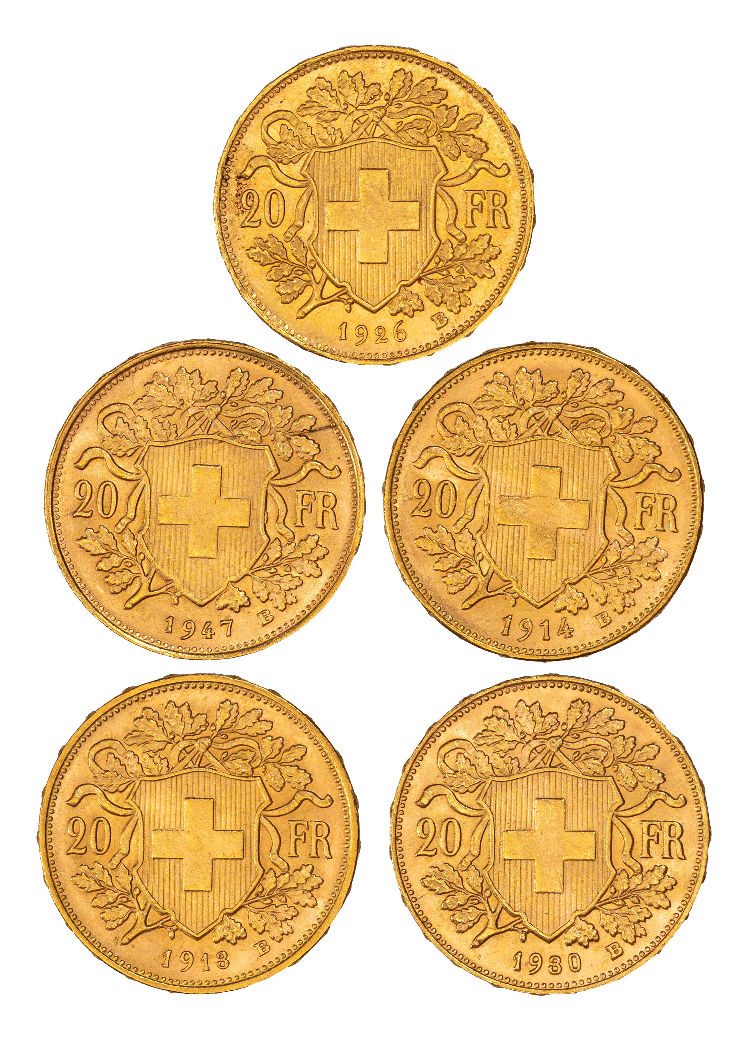 Lotto di cinque esemplari del 20 franchi