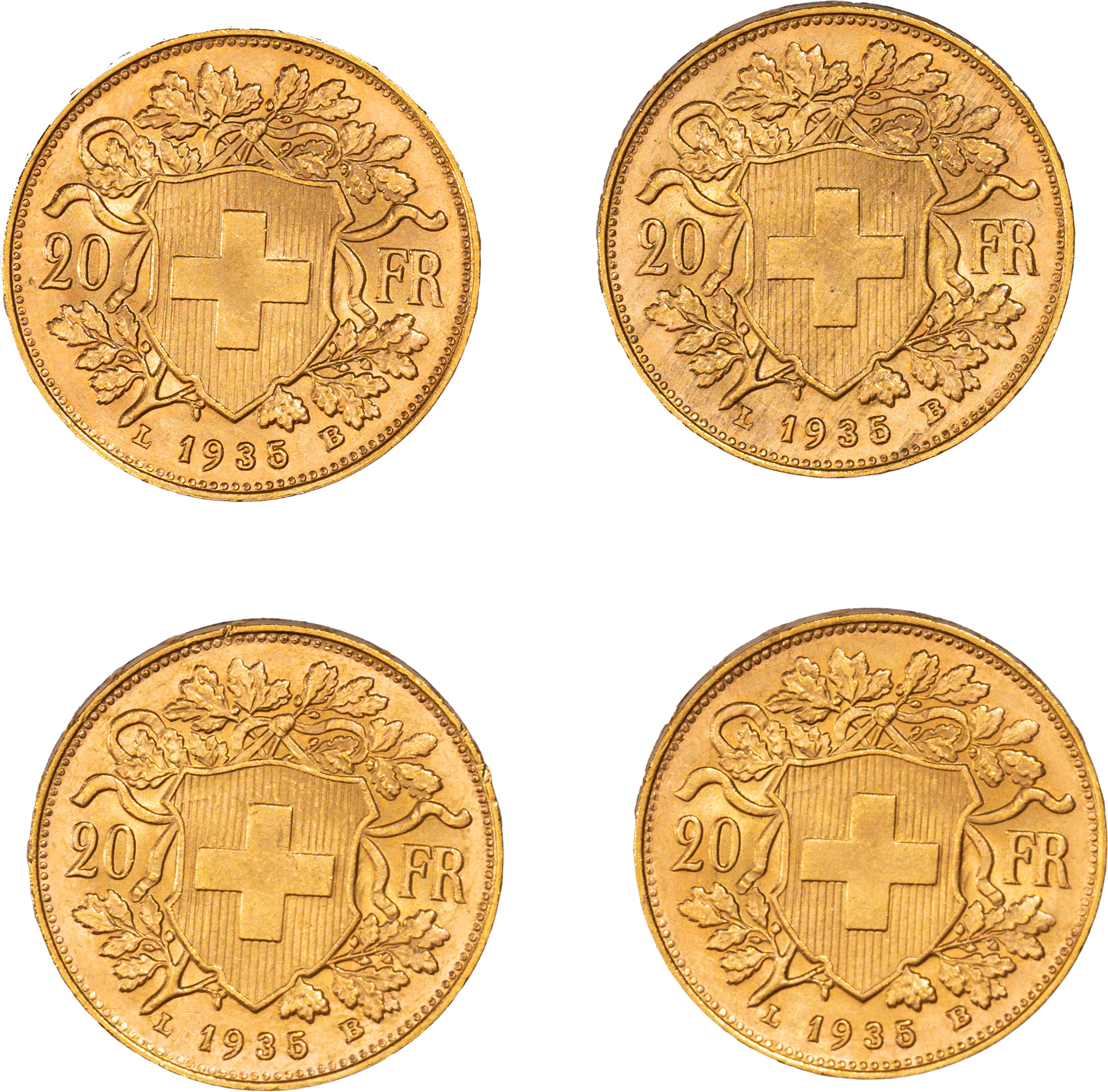 Lotto di quattro esemplari del 20 franchi