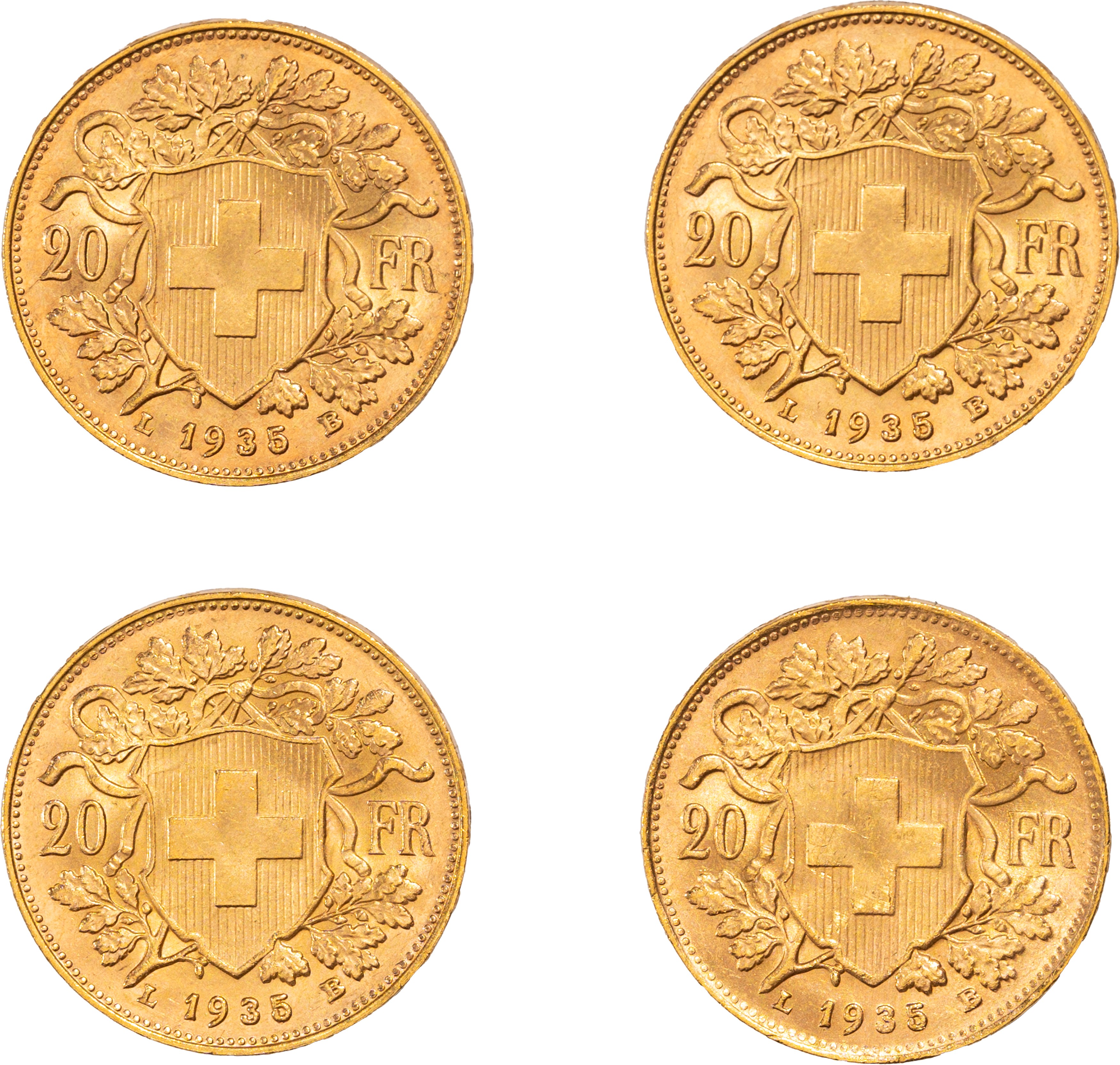 Lotto di quattro esemplari del 20 franchi