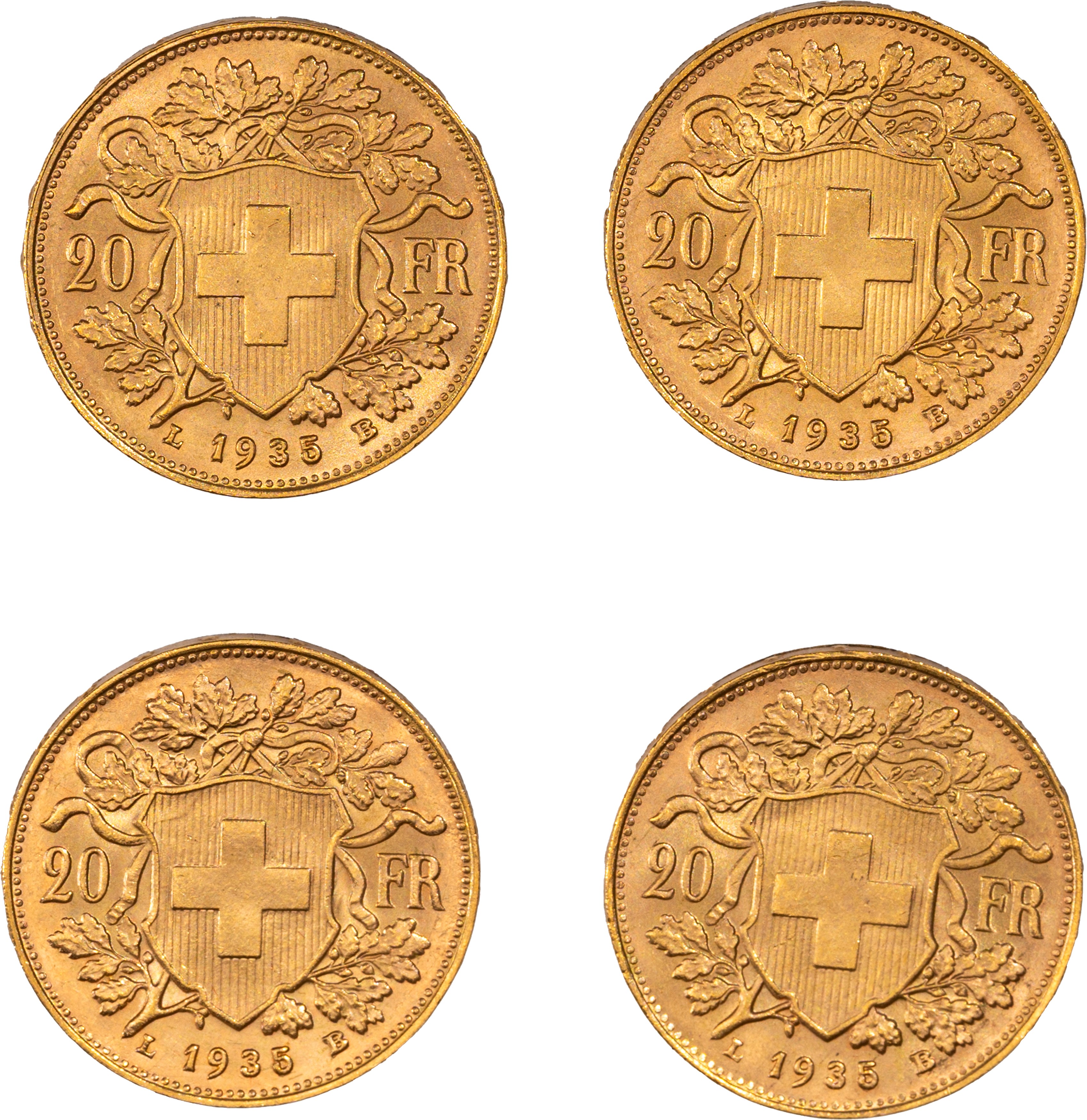 Lotto di quattro esemplari del 20 franchi