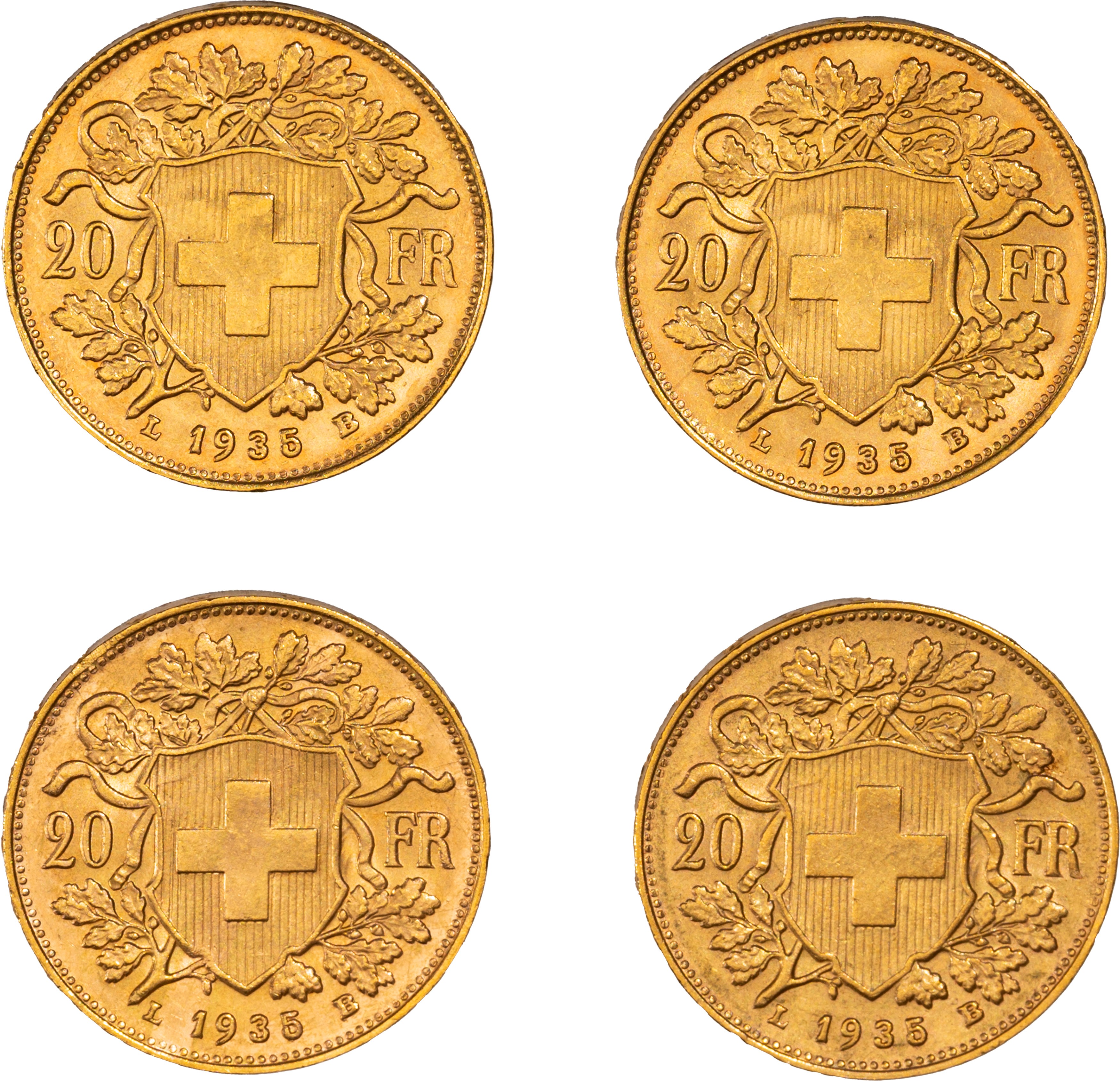 Lotto di quattro esemplari del 20 franchi