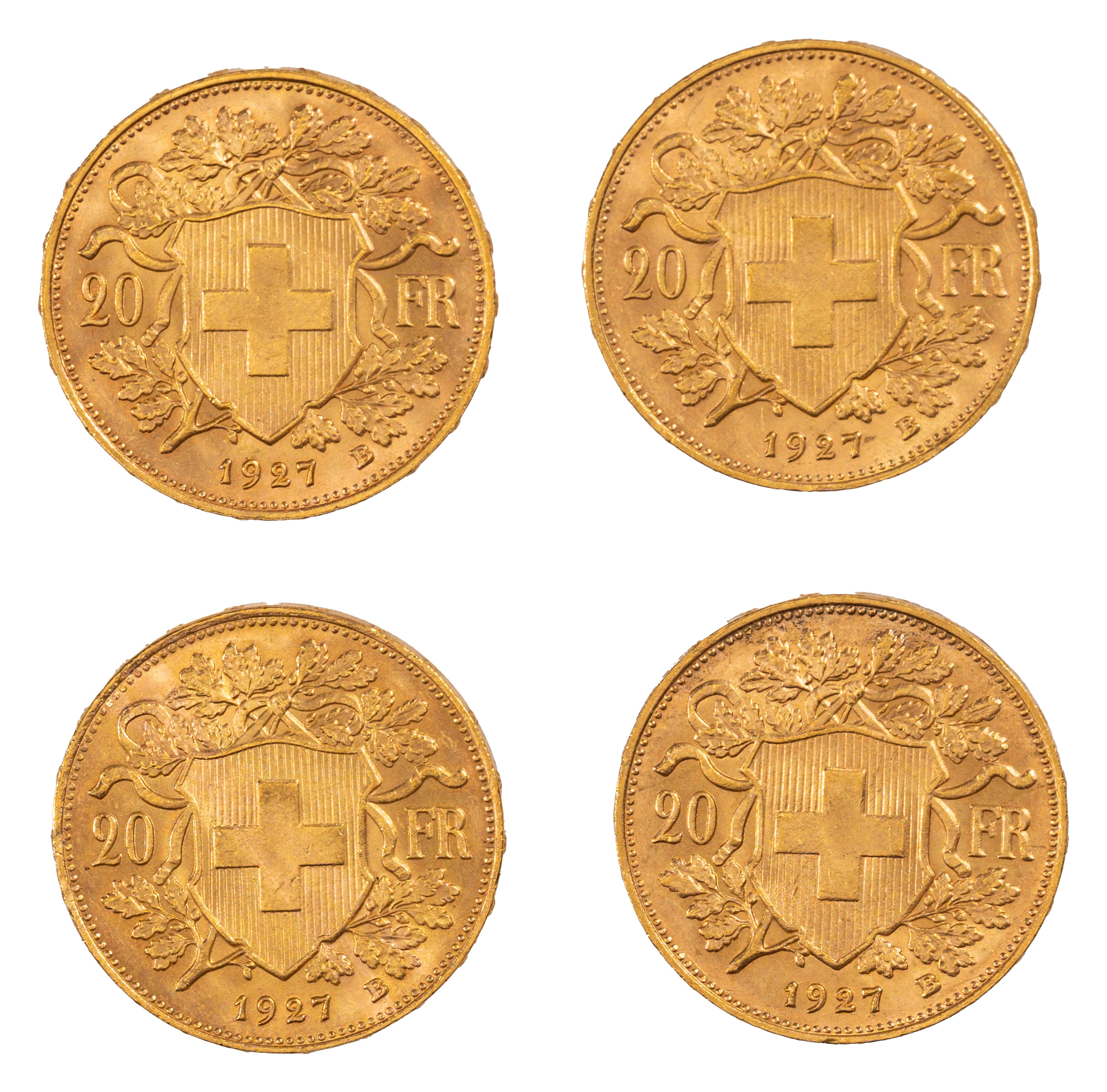 Lotto di quattro esemplari del 20 franchi