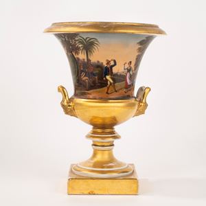 Crater vase in polychrome porcelain and gold, Naples, 19th century