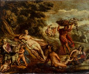 Cromolitografia applicata sottovetro raffigurante scena mitologica, fine secolo XIX