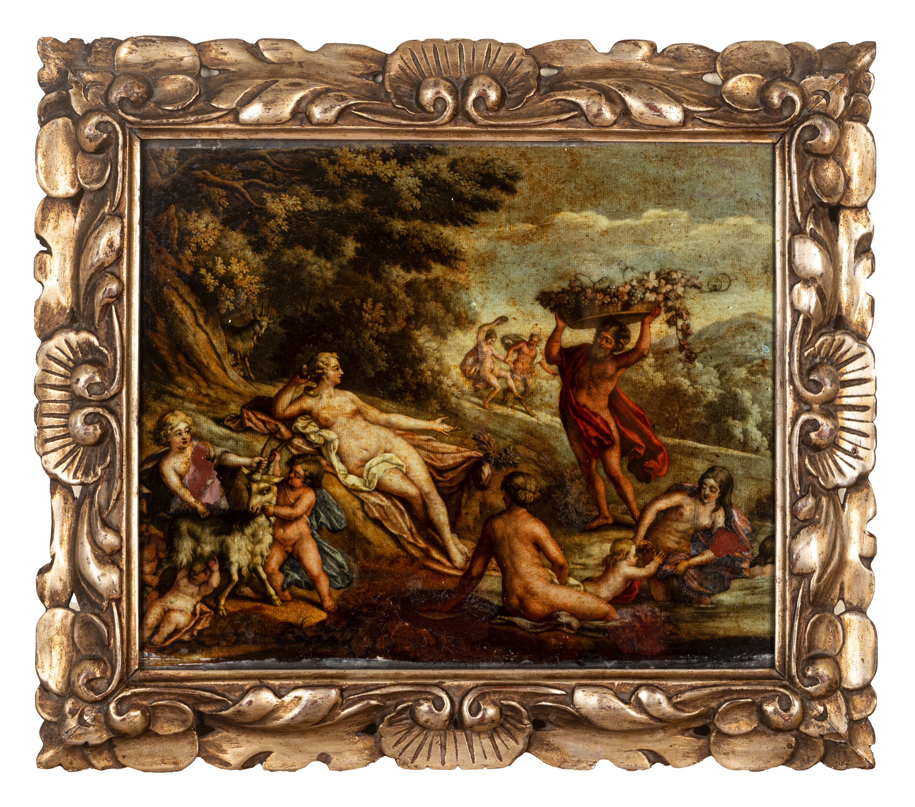 Cromolitografia applicata sottovetro raffigurante scena mitologica, fine secolo XIX