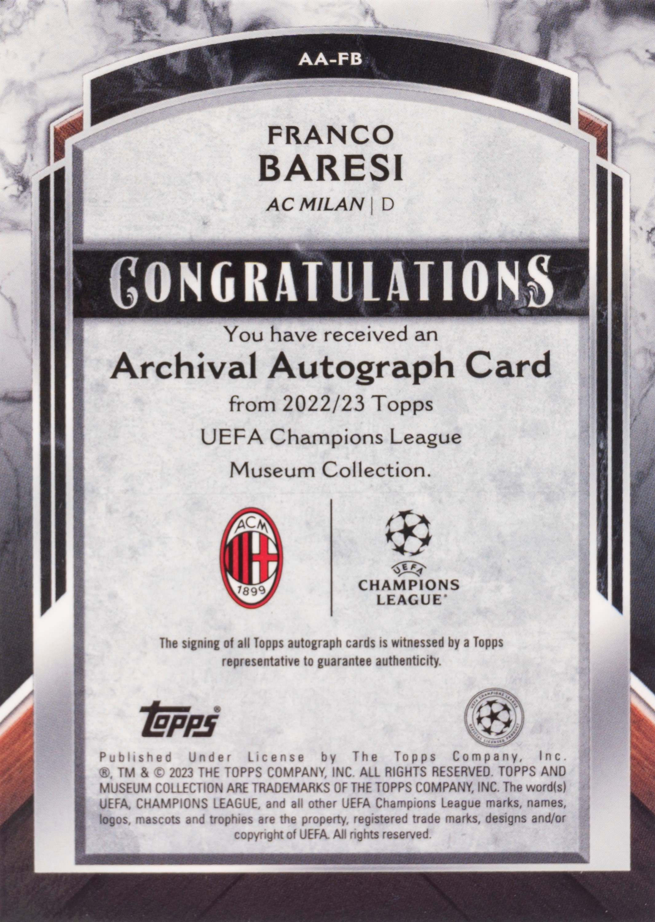 Franco Baresi – Card autografata – Milan – Topps