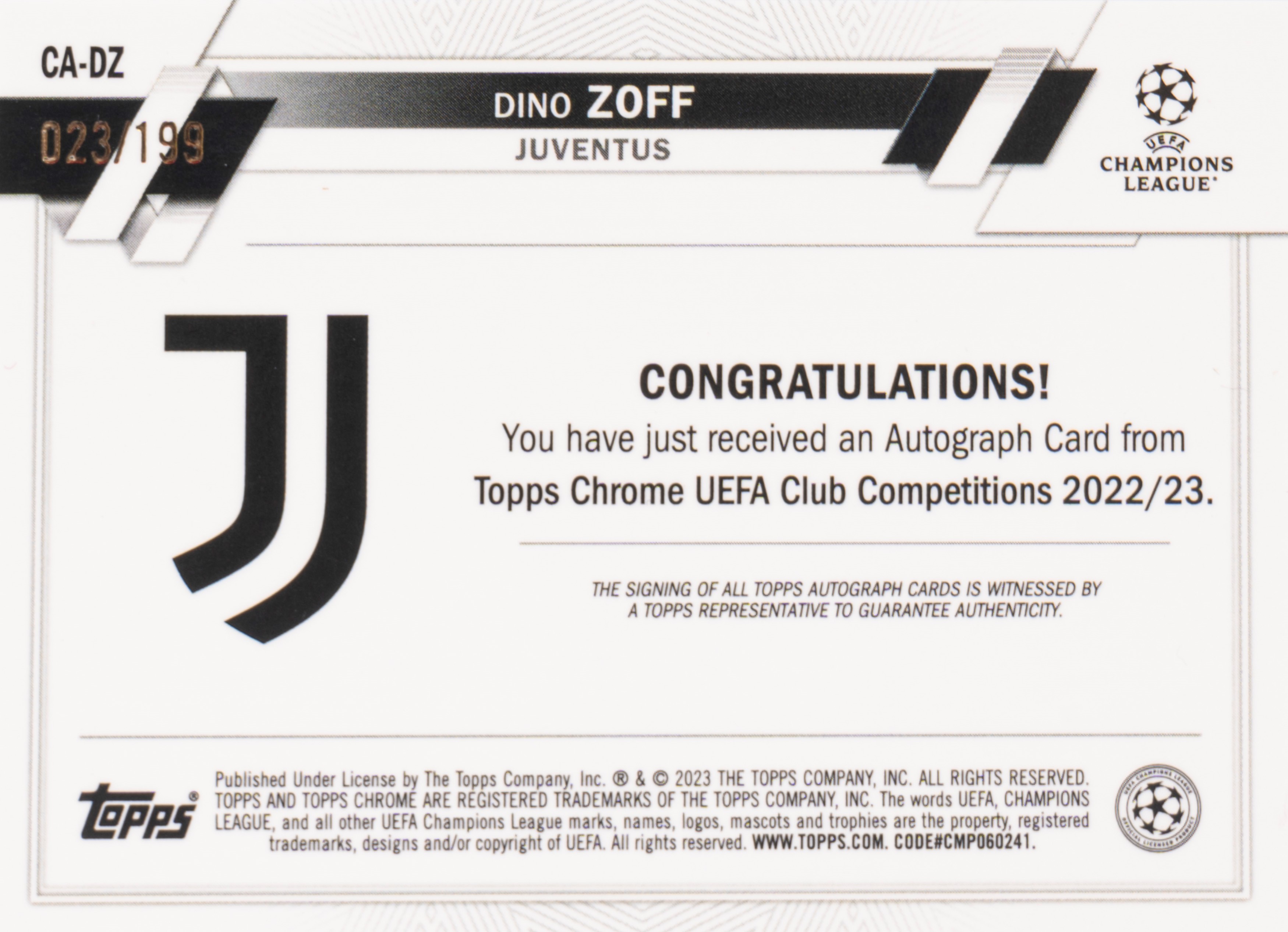 Dino Zoff – Card autografata – Juventus – Topps