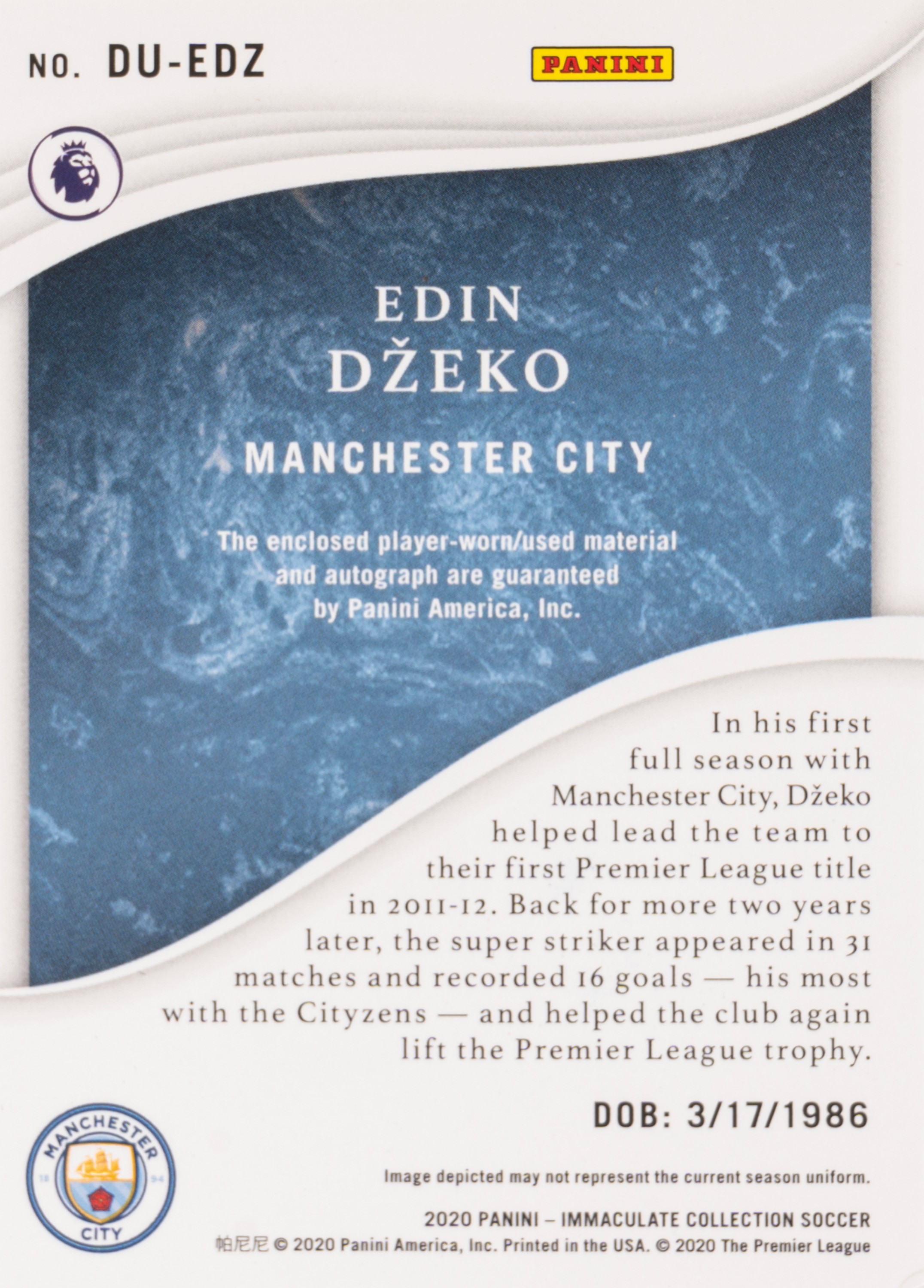 Edin Džeko – Card autografata – Manchester City – Panini – Con relic