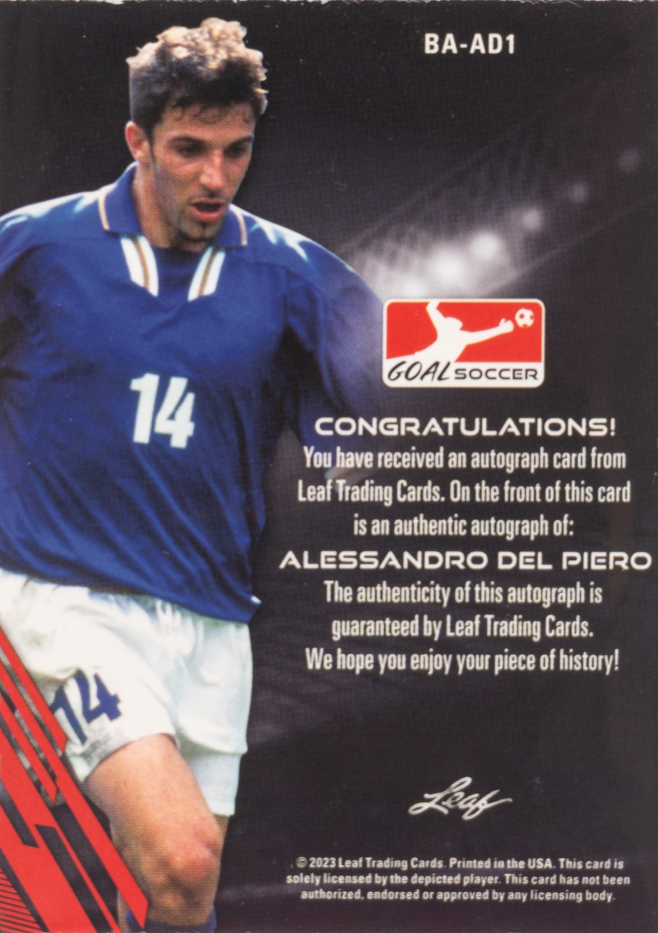 Alex Del Piero – Card autografata - Italia – Leaf