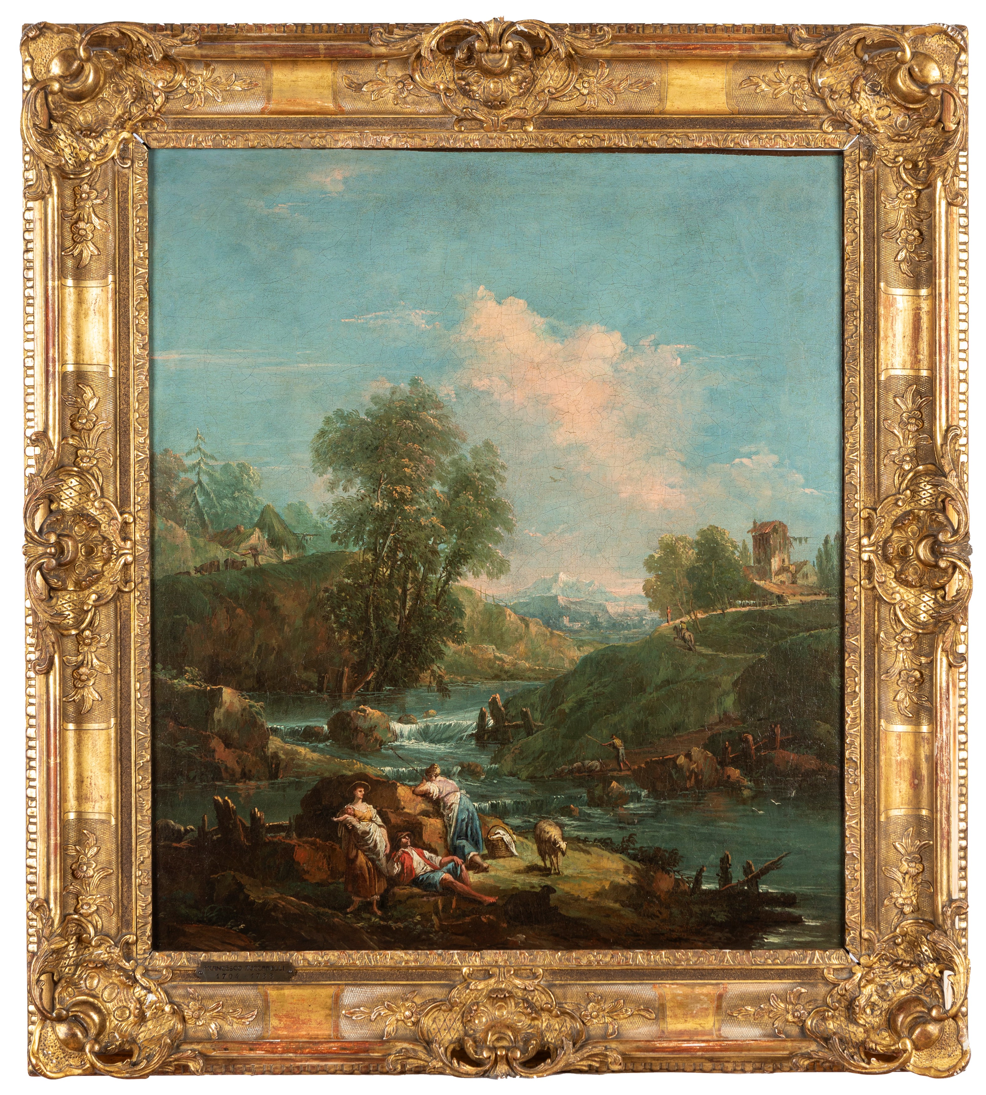 Antonio Diziani (venezia 1737 – 1797) - Paesaggio fluviale con pastori a riposo, olio su tela
