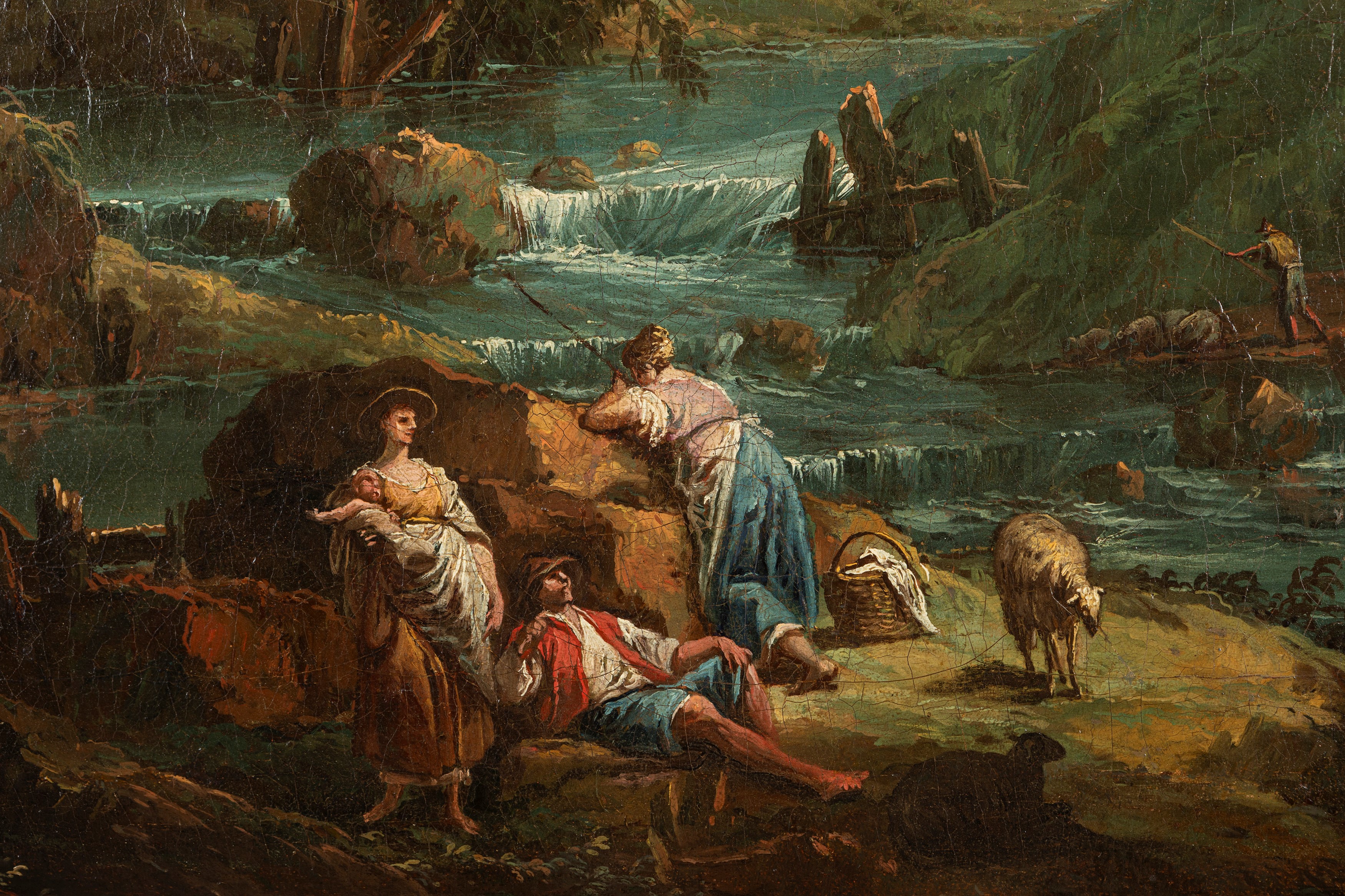 Antonio Diziani (venezia 1737 – 1797) - Paesaggio fluviale con pastori a riposo, olio su tela