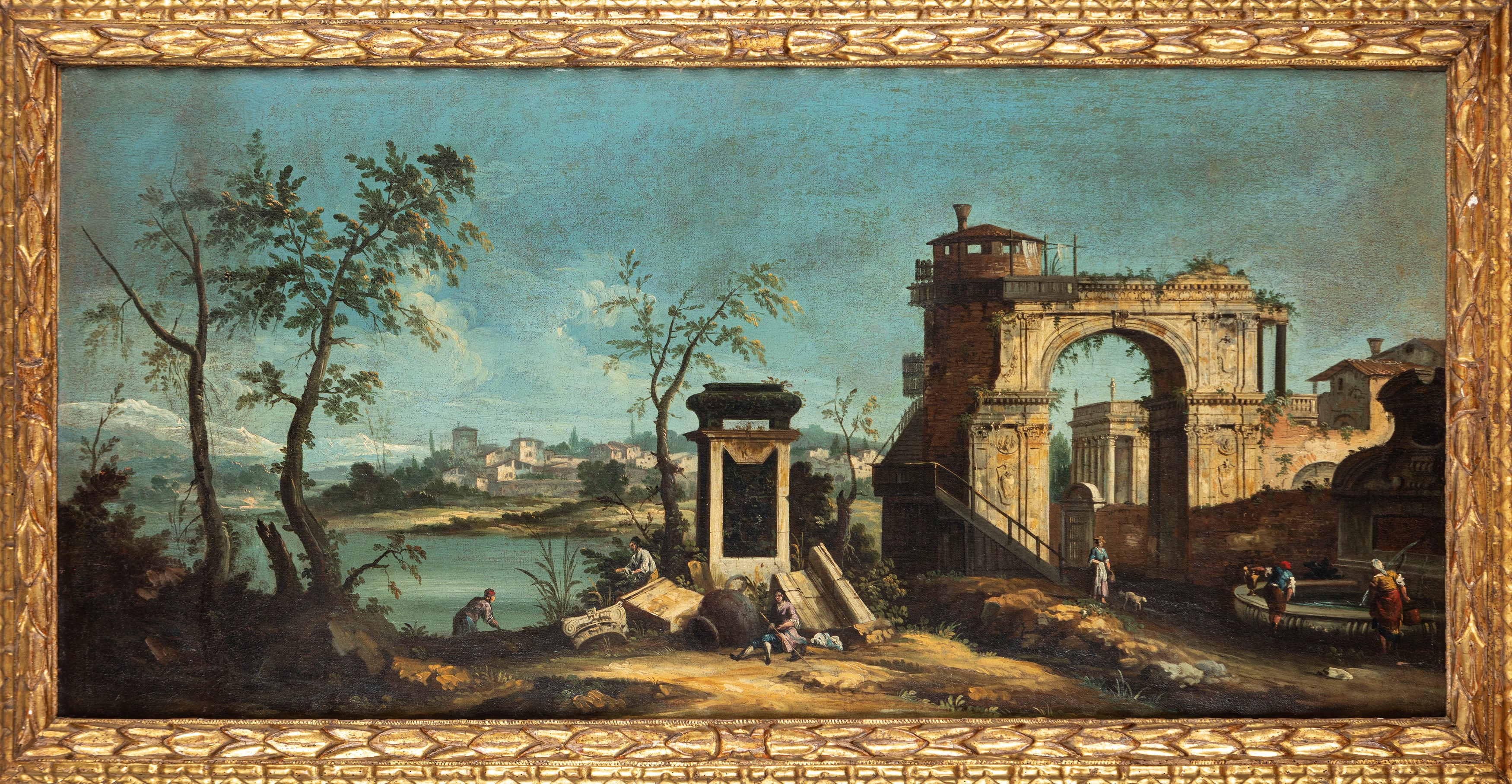 Paesaggio fluviale con rovine classiche e astanti