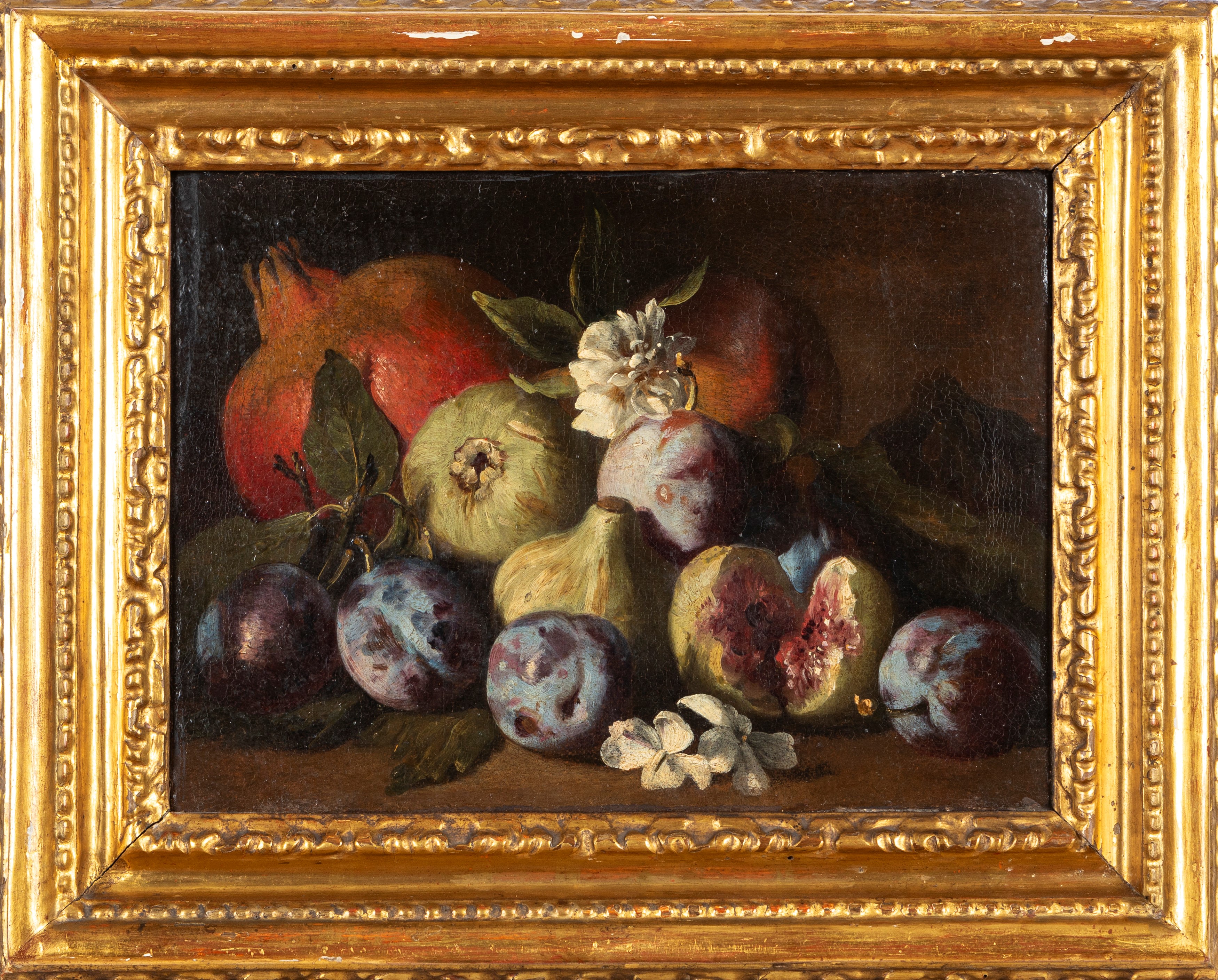 Aniello Ascione - Fichi, prugne, melograno e fiori e Fichi, pesche e fiori, coppia di oli su tela