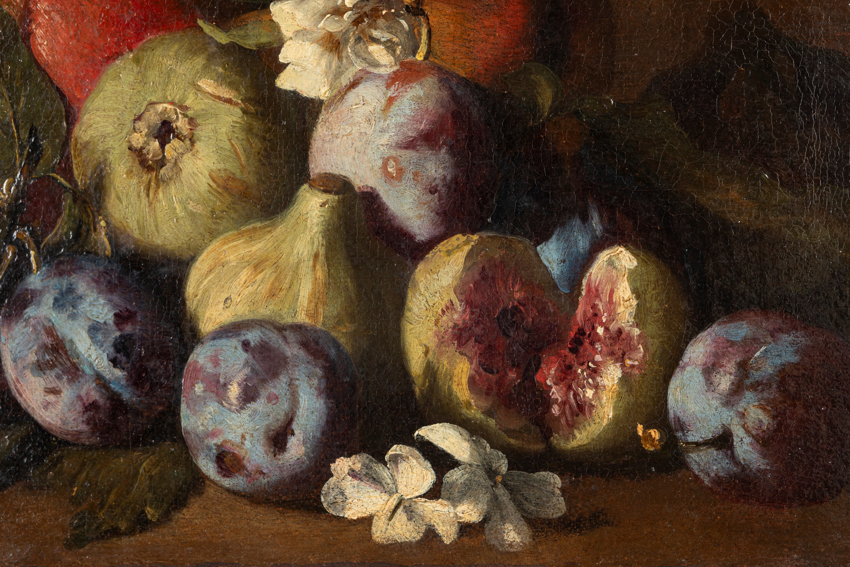 Aniello Ascione - Fichi, prugne, melograno e fiori e Fichi, pesche e fiori, coppia di oli su tela